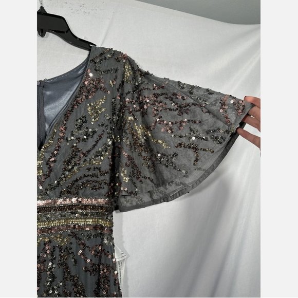 NWT $698 Mac Duggal [‎ 8 ] Cape Sleeve Embellished Gown in Charcoal Multi Gold - Picture 9 of 15
